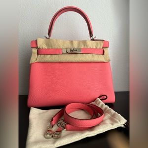 Hermes Kelly 28 retourne rose azalee palladium hardware in taurilllon clemence